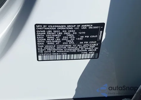 2021 Volkswagen Atlas 2.0T Se W/Technology z USA, uszkodzony, nr VIN 1V2JP2CA1MC611223